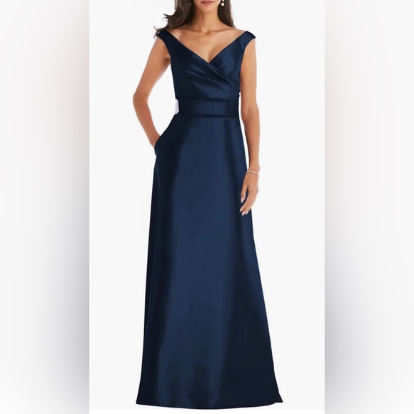Alfred Sung Off-The-Shoulder Draped Wrap Satin Maxi Dress in Midnight Navy - Picture 1 of 5